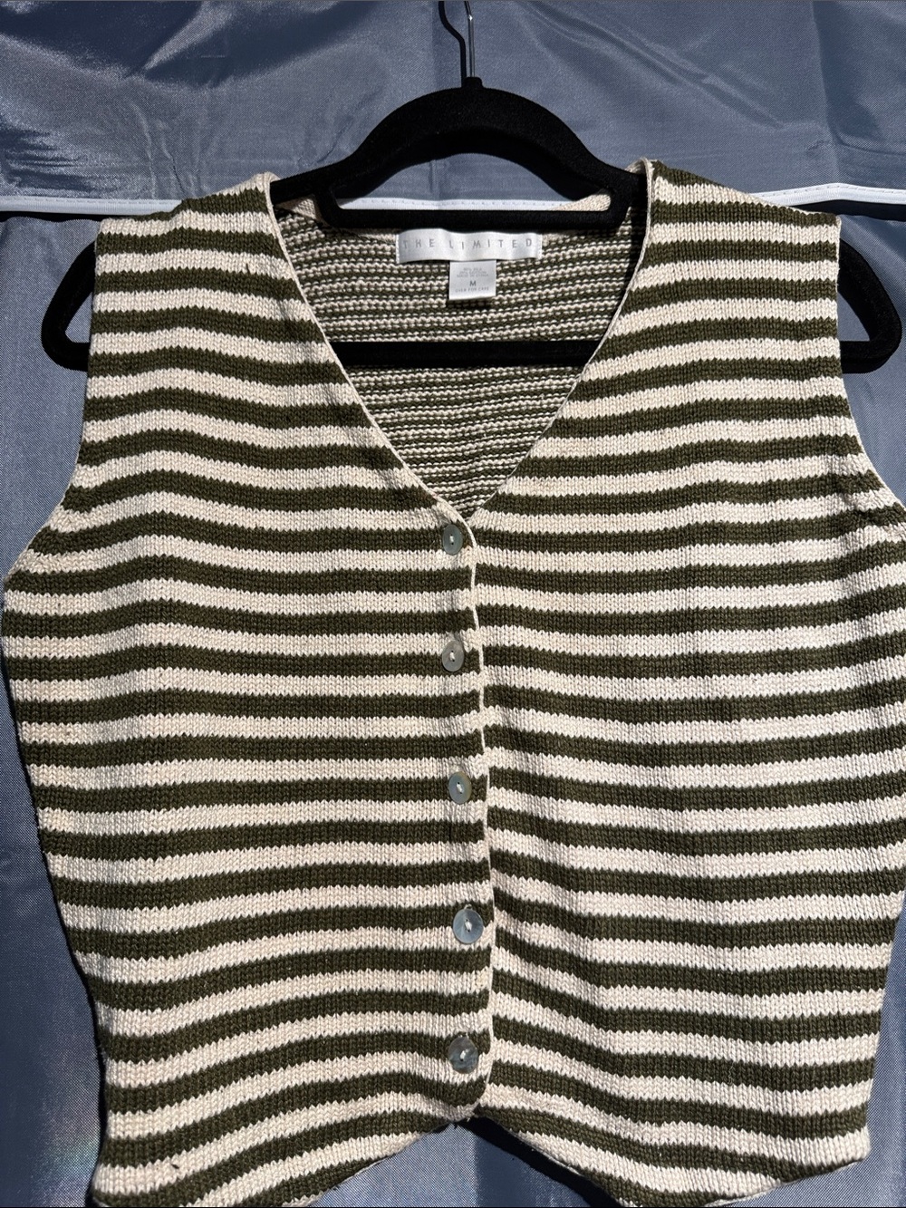 The Limited Olive & Cream Striped Knit Button Vest